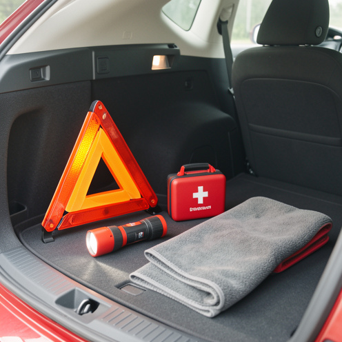Accessoires de voiture utiles disposés dans le coffre : triangle de sécurité réfléchissant, trousse de premiers secours, lampe torche d’urgence et chiffon en microfibre, lumière naturelle et détails nets.