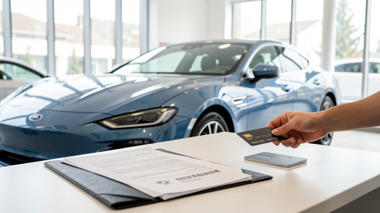 Une voiture moderne dans un showroom lumineux, avec un dossier de financement et une carte bancaire sur un bureau, ambiance photo documentaire réaliste.