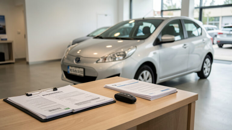 Intérieur d’une concession automobile : une voiture d’occasion garée sous des lumières douces, clés et documents sur un bureau, ambiance calme et professionnelle.