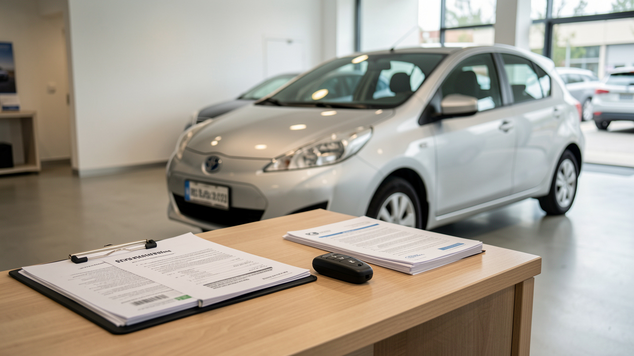 Intérieur d’une concession automobile : une voiture d’occasion garée sous des lumières douces, clés et documents sur un bureau, ambiance calme et professionnelle.