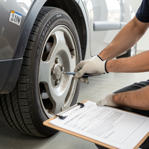 Inspection d’une voiture d’occasion : mains gantées vérifiant les pneus et les freins près du véhicule, avec une fiche de contrôle sur un carnet, lumière naturelle et style photo documentaire.