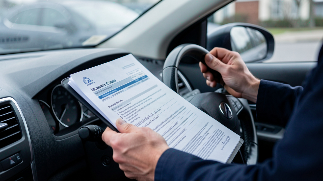 Mains tenant un dossier d’assurance près d’un volant dans une voiture garée, ambiance réaliste et documentaire, avec lumière douce et couleurs bleues et grises.
