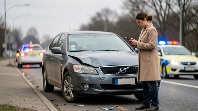 Une voiture arrêtée sur le bord de la route après un petit accident, une femme près du pare-chocs endommagé vérifie son téléphone dans une ambiance documentaire et sécurisante.