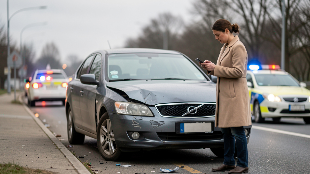 Une voiture arrêtée sur le bord de la route après un petit accident, une femme près du pare-chocs endommagé vérifie son téléphone dans une ambiance documentaire et sécurisante.