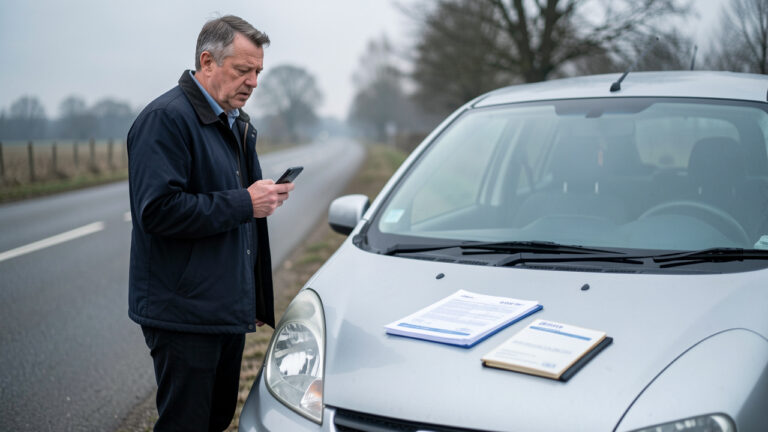 Une voiture garée au bord de la route, avec un homme au téléphone et des documents d’assurance posés sur le capot, ambiance calme et rassurante pour illustrer qui paie en cas d’accident avec un conducteur occasionnel.