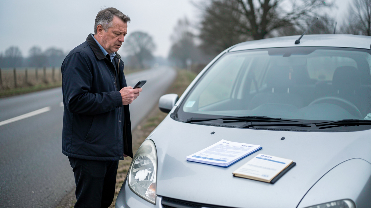 Une voiture garée au bord de la route, avec un homme au téléphone et des documents d’assurance posés sur le capot, ambiance calme et rassurante pour illustrer qui paie en cas d’accident avec un conducteur occasionnel.