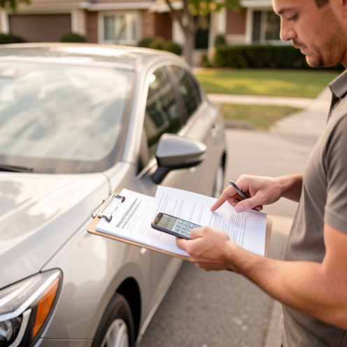 Une voiture moderne sur une allée pendant qu’un homme compare des documents d’assurance et consulte un calcul sur un téléphone, ambiance calme et rassurante.