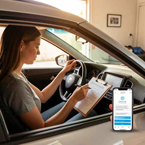 Une jeune femme au volant d’une voiture compacte, avec un conducteur en formation et une checklist, dans un garage moderne, ambiance lumineuse et réaliste.