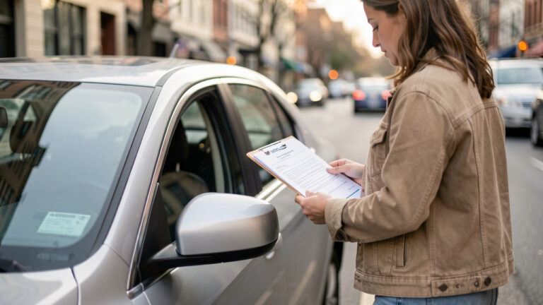 Une femme près d’une voiture, consultant des documents d’assurance dans une rue calme au petit matin.