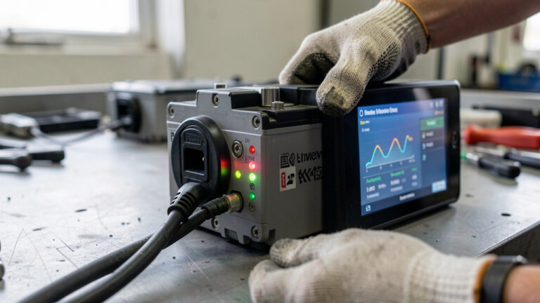 Gros plan d’un module de batterie de voiture électrique sur un établi, avec des gants vérifiant son état de santé à l’aide d’un écran de contrôle visuel, en lumière naturelle.