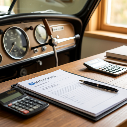 Gros plan réaliste d’un tableau de bord de voiture et d’un dossier d’assurance sur un bureau en bois, avec une calculatrice et un stylo, évoquant le calcul du bonus-malus en assurance auto.
