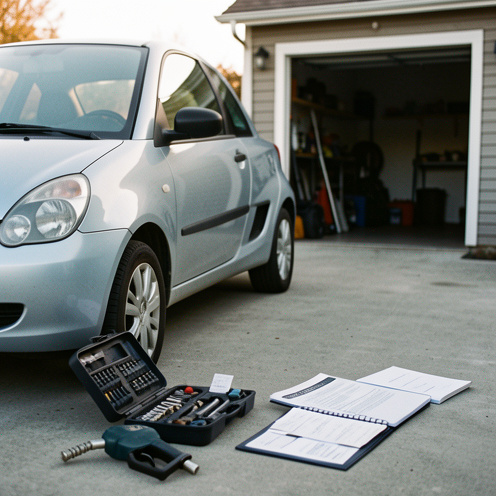 Photo documentaire réaliste d’une petite voiture économique près d’un garage, avec des outils d’entretien et des éléments de gestion comme un dossier d’assurance et des reçus de carburant, sans texte visible.