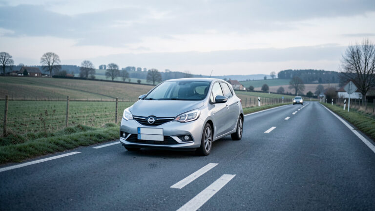Voiture compacte moderne circulant calmement sur une route française bien entretenue, dans un paysage rural paisible.