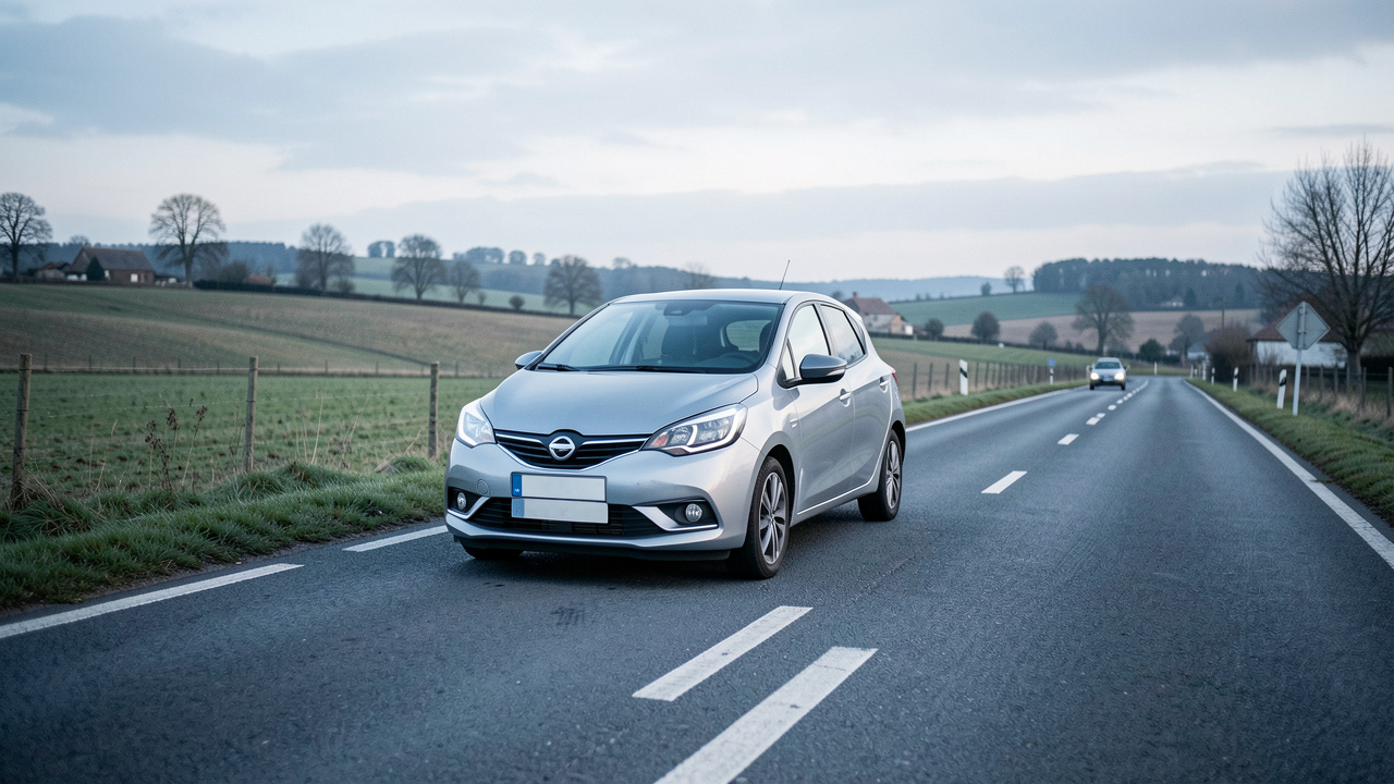 Voiture compacte moderne circulant calmement sur une route française bien entretenue, dans un paysage rural paisible.