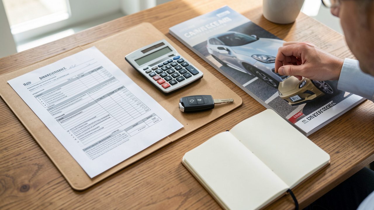 Un homme calcule le coût total d’une voiture avec une calculatrice et des documents de financement, sur un bureau près d’une clé de voiture.