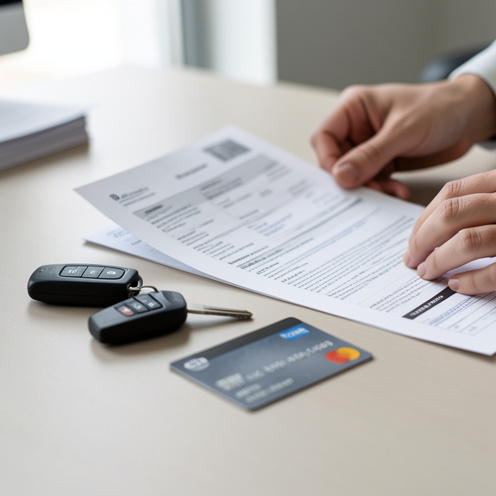 Documents administratifs de carte grise posés sur un bureau avec une clé de voiture, dans une atmosphère calme et réaliste.