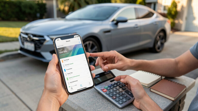 Photo réaliste d’une voiture garée avec des mains utilisant un smartphone et des outils de calcul pour réfléchir à la durée de remboursement idéale d’un financement automobile.