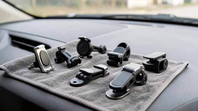 Supports de téléphone pour voiture différents, posés sur un chiffon près du tableau de bord, montrant plusieurs options de fixation compatibles.