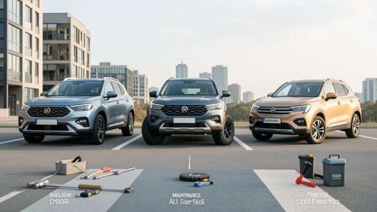 Trois configurations d’un SUV compact présentées dans un environnement extérieur pour comparer les usages, l’entretien et les frais à prévoir.