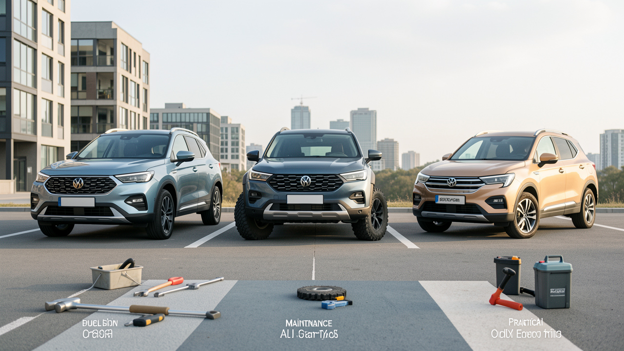 Trois configurations d’un SUV compact présentées dans un environnement extérieur pour comparer les usages, l’entretien et les frais à prévoir.