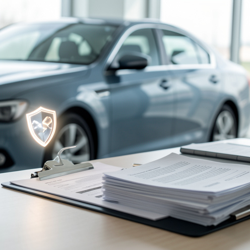 Vue rapprochée d’une voiture garée à côté d’une feuille et de documents d’assurance, ambiance professionnelle calme et éclairage naturel doux.