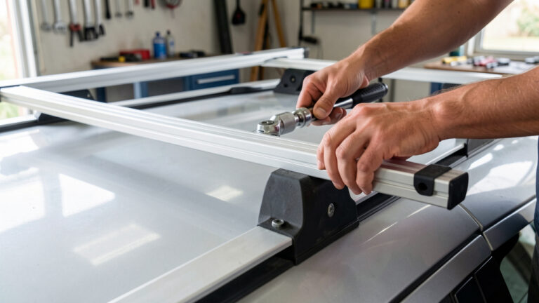 Détail d’un porte-bagages de toit en aluminium sur la voiture, avec des mains en train d’aligner et de fixer des barres de toit en toute sécurité, dans un garage sous une lumière naturelle.
