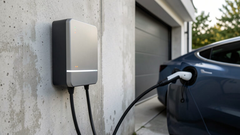 Une wallbox de recharge pour voiture électrique fixée à la maison, avec le câble branché sur un véhicule, éclairage naturel et vue réaliste sans personne.