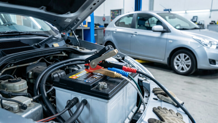 Chargeur de batterie automobile correctement branché à une batterie de voiture dans un atelier bien éclairé.