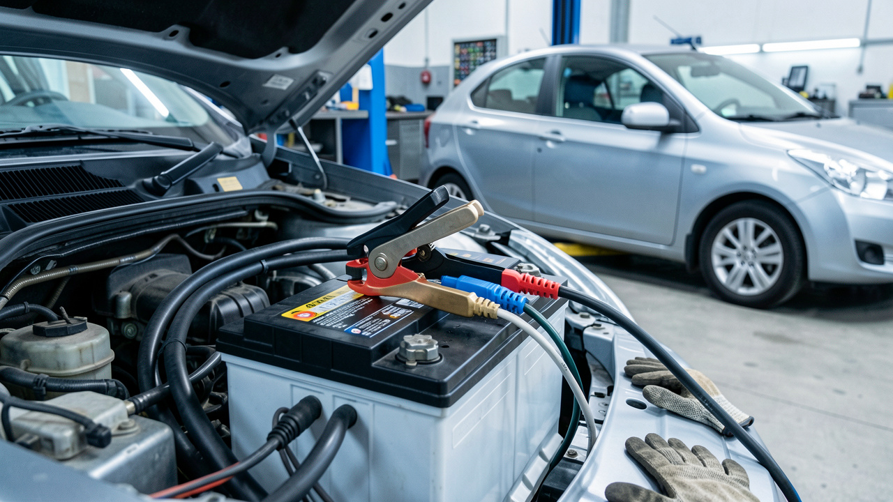 Chargeur de batterie automobile correctement branché à une batterie de voiture dans un atelier bien éclairé.