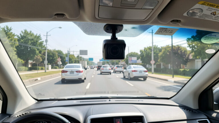 Caméra embarquée compacte fixée au pare-brise d’une voiture, filmant une route dégagée de jour.