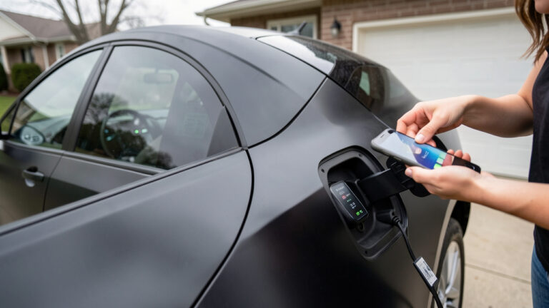 Une voiture électrique d’occasion sur une allée, une femme inspecte la prise de charge pendant qu’une autre main vérifie l’indicateur d’autonomie sur un téléphone, lumière naturelle et rendu photo réaliste.