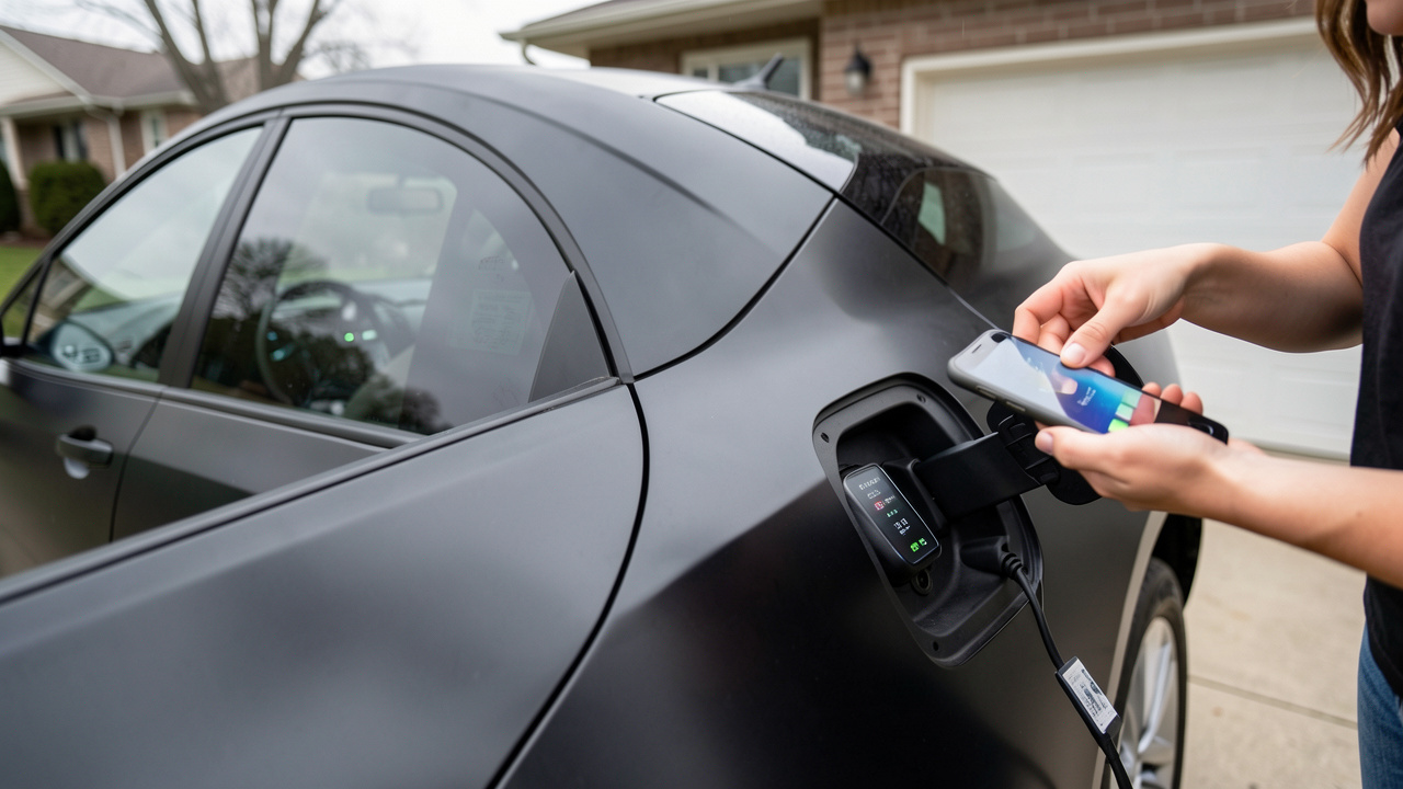 Une voiture électrique d’occasion sur une allée, une femme inspecte la prise de charge pendant qu’une autre main vérifie l’indicateur d’autonomie sur un téléphone, lumière naturelle et rendu photo réaliste.