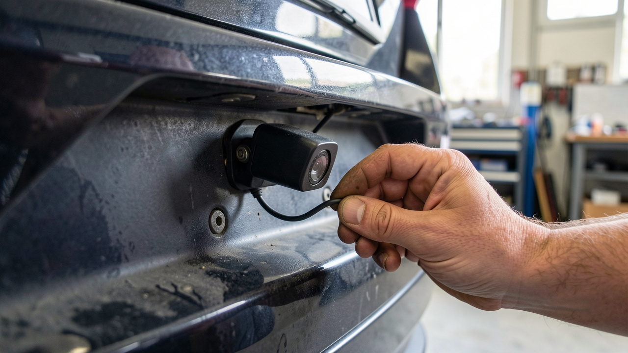 Installation d’une caméra de recul sur l’arrière d’une voiture, avec alignement du module et passage du câblage dans le coffre, vue réaliste en atelier.