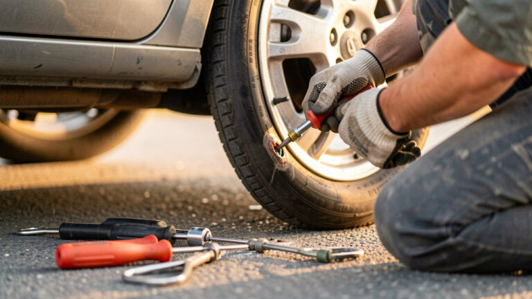 Kit de réparation de pneu posé près d’une roue de voiture, avec une main gantée insérant un outil pour réparer une crevaison sur le bord de la route.