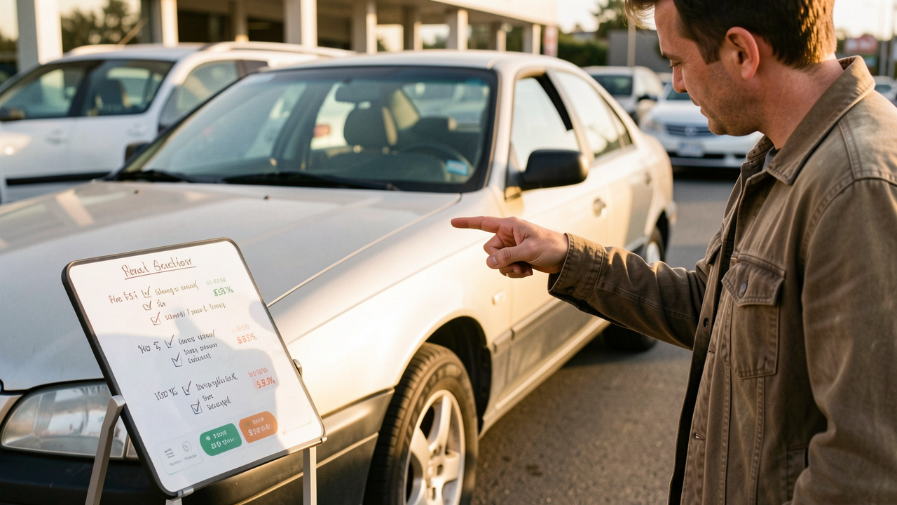 Photo documentaire réaliste d’une voiture d’occasion sur un parking, avec une main qui examine l’état du véhicule et un smartphone affichant des informations de prix abstraites, en lumière naturelle, pour illustrer la négociation sans se faire avoir.