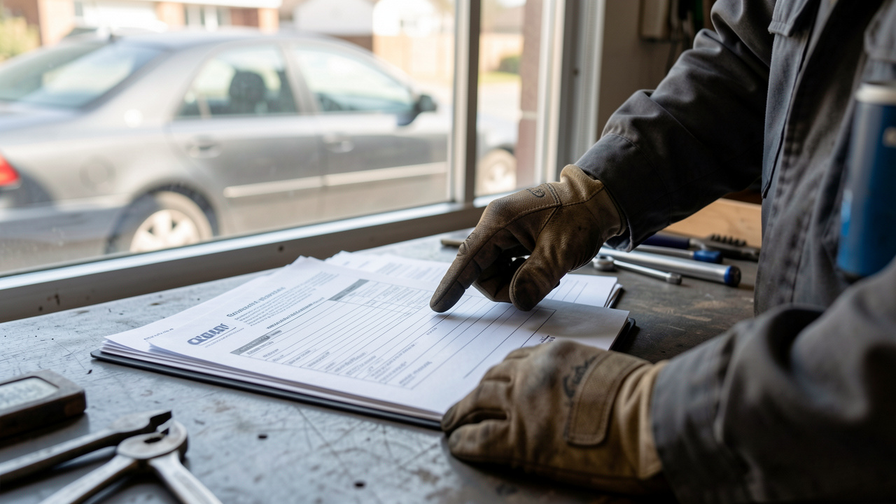 Un garagiste examine des documents d’entretien posés sur un établi, près d’une voiture dans un garage, pour illustrer la vérification de l’historique avant l’achat.