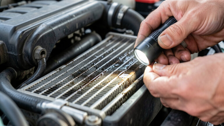 Gros plan sur le compartiment moteur d’une voiture montrant une fuite de liquide de refroidissement près du tuyau du radiateur, avec une trace humide et une inspection attentive à la lampe.
