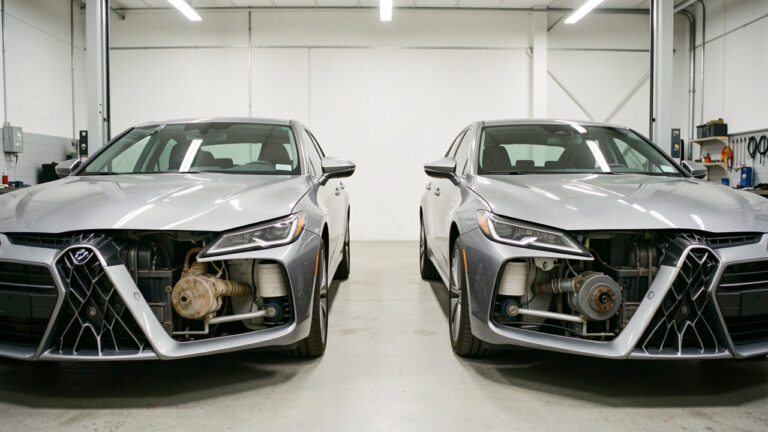 Deux voitures identiques observées côte à côte dans un atelier automobile, l’une présentant une usure localisée et l’autre plusieurs signes d’usure similaires.