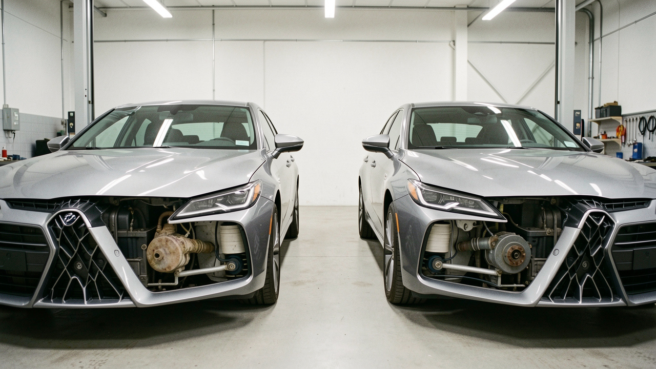 Deux voitures identiques observées côte à côte dans un atelier automobile, l’une présentant une usure localisée et l’autre plusieurs signes d’usure similaires.