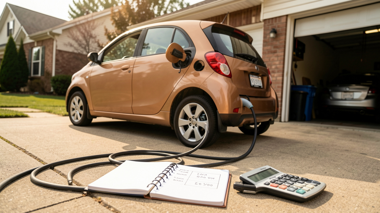 Voiture hybride rechargeable posée à côté d’un câble de charge, avec un carnet et une calculatrice pour comparer le coût total avant l’achat.