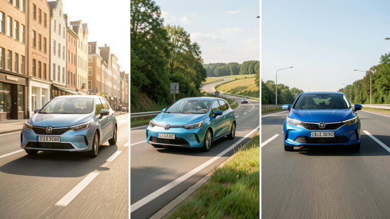 Une voiture compacte hybride bleue roulant dans trois environnements : une rue en ville, une route de campagne et une autoroute.