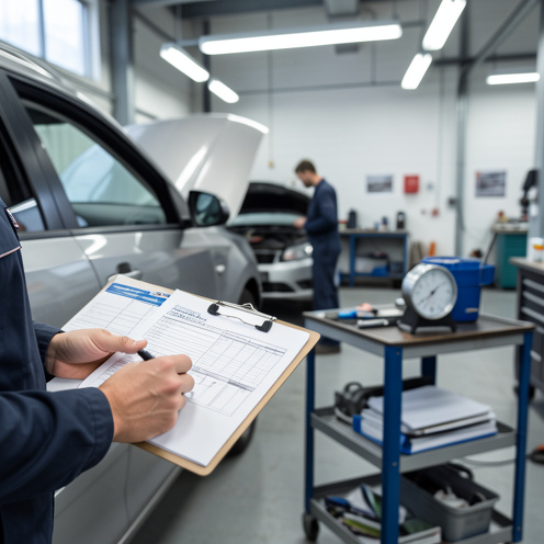 Mains examinant une fiche de contrôle technique près d’une voiture dans un garage, avec instruments de mesure et ambiance d’inspection, préparation des vérifications et d’une contre-visite.
