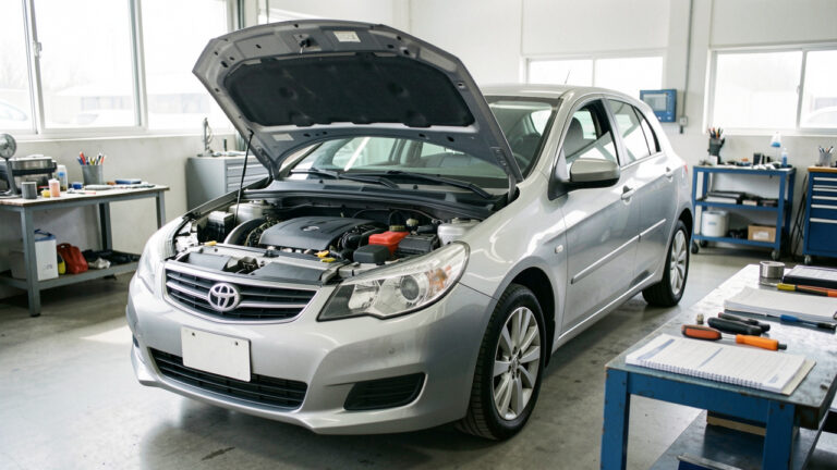 Voiture compacte premium d’occasion inspectée dans un atelier automobile, capot ouvert et moteur visible.