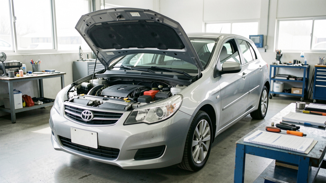 Voiture compacte premium d’occasion inspectée dans un atelier automobile, capot ouvert et moteur visible.