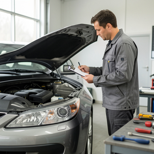 Un homme inspecte une voiture d’occasion dans un garage, en vérifiant le moteur et la carrosserie pour comprendre sa valeur réelle.
