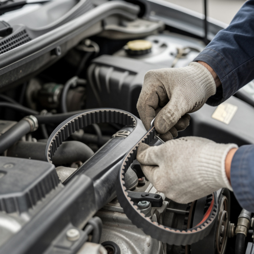 Gros plan réaliste d’une courroie de distribution près d’un moteur ouvert, avec des gants procédant à l’alignement et au contrôle de la tension, lumière naturelle douce et profondeur de champ réduite.