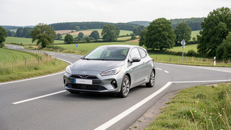 Une voiture compacte moderne circule sereinement sur une route française bien entretenue à proximité d’un rond-point, dans un paysage verdoyant.