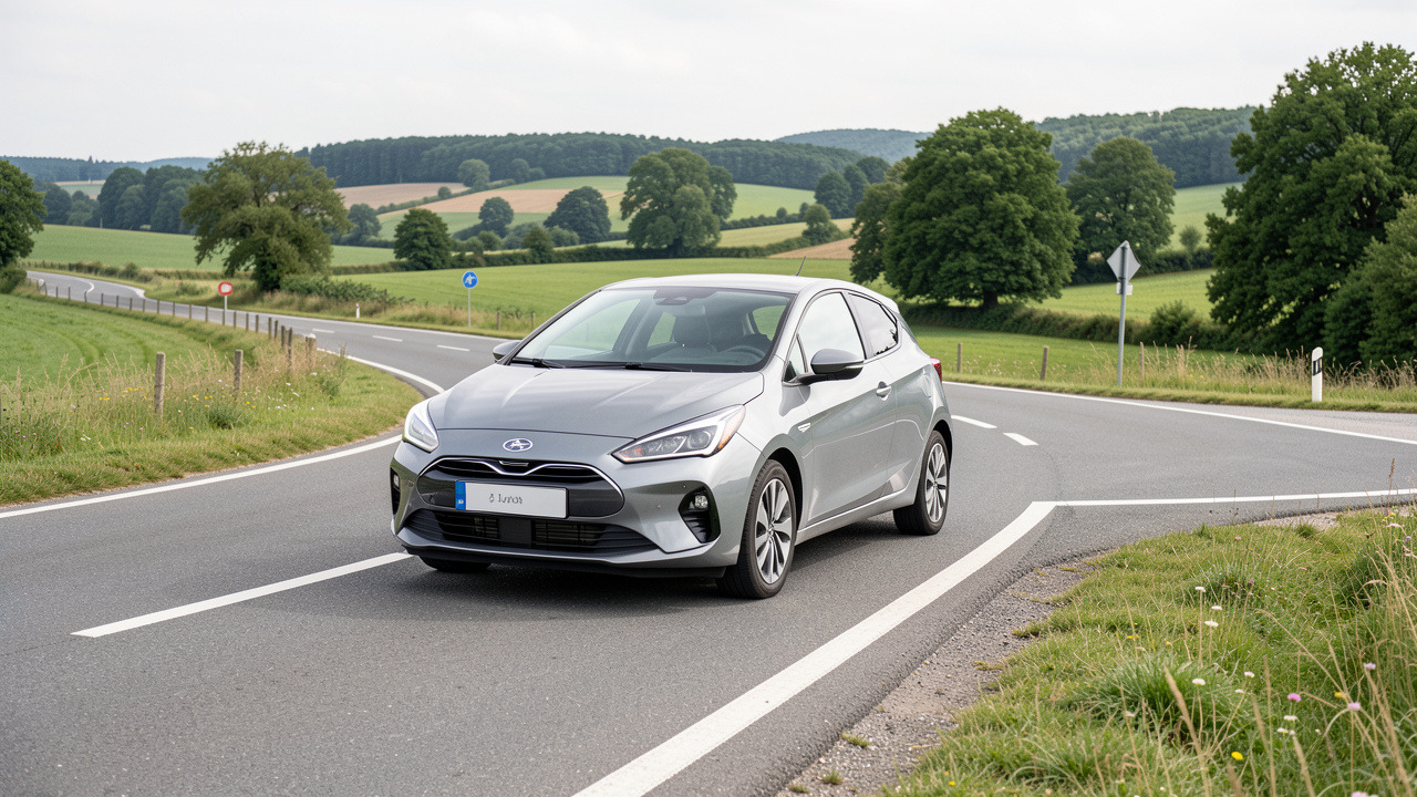 Une voiture compacte moderne circule sereinement sur une route française bien entretenue à proximité d’un rond-point, dans un paysage verdoyant.