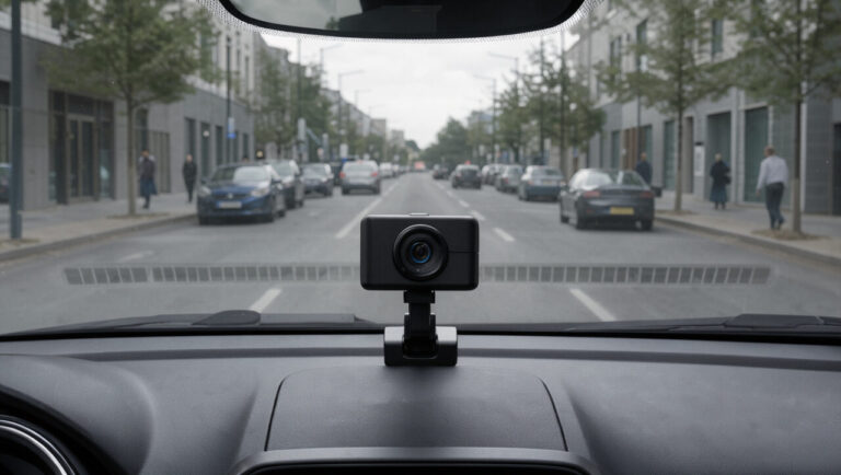 Caméra embarquée fixée au pare-brise d’une voiture filmant une route urbaine, avec des véhicules et des passants indistincts au loin.