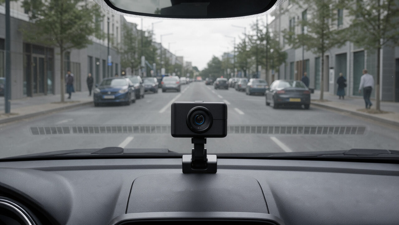 Caméra embarquée fixée au pare-brise d’une voiture filmant une route urbaine, avec des véhicules et des passants indistincts au loin.